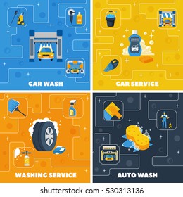 Auto center car wash 4 flat icons square composition with self and full  service isolated vector illustration 