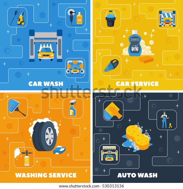Auto center car\
wash 4 flat icons square composition with self and full  service\
isolated vector illustration\
