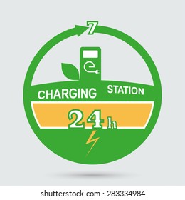 Auto charging station emblem. Round the clock charging station icon. Design can be used as a logo, a poster, advertising, singboard. Vector element of graphic design