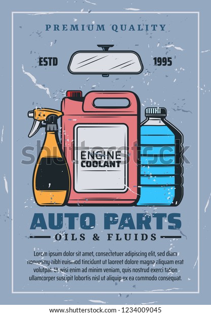 Auto chemical\
goods and spare for vehicle maintenance. Vector window cleaner and\
coolant, antifreeze and mirror vintage leaflet. Garage station\
service and vehicle\
maintenance