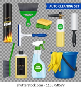 Auto cleaning realistic set with gloves bucket liquid soap foam car wash brushes transparent background vector illustration