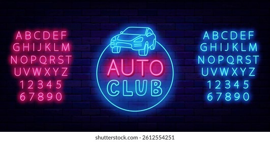 Auto club neon emblem. Motor car repair service concept. Glowing banner. Vector stock illustration