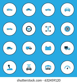 Auto Colorful Icons Set. Collection Of Cabriolet, Pickup, Garage And Other Elements. Also Includes Symbols Such As Carriage, Speedometer, Truck.