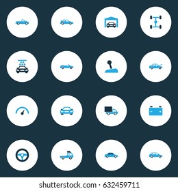 Auto Colorful Icons Set. Collection Of Battery, Sports Automobile, Pickup And Other Elements. Also Includes Symbols Such As Hood, Wagon, Lorry.