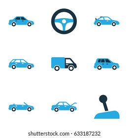 Auto Colorful Icons Set. Collection Of Sports Automobile, Gear Lever, Steering Wheel And Other Elements. Also Includes Symbols Such As Van, Steering, Fixing.