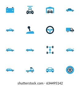 Auto Colorful Icons Set. Collection Of Sports Automobile, Chassis, Tie And Other Elements. Also Includes Symbols Such As Tire, Fixing, Wheel.
