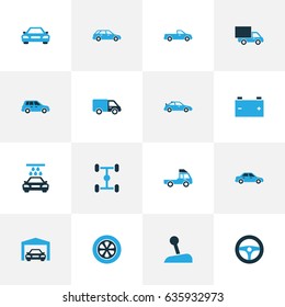 Auto Colorful Icons Set. Collection Of Truck, Battery, Garage And Other Elements. Also Includes Symbols Such As Lever, Car, Wheel.