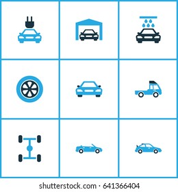 Auto Colorful Icons Set. Collection Of Tie, Sports Automobile, Chassis And Other Elements. Also Includes Symbols Such As Garage, Plug, Auto.