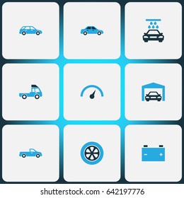 Auto Colorful Icons Set. Collection Of Speedometer, Truck, Pickup And Other Elements. Also Includes Symbols Such As Automobile, Chronometer, Wagon.
