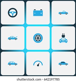 Auto Colorful Icons Set. Collection Of Speedometer, Pickup, Tie And Other Elements. Also Includes Symbols Such As Electric, Sedan, Speedometer.