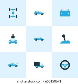 Auto Colorful Icons Set. Collection Of Electric Car, Battery, Auto Hood And Other Elements. Also Includes Symbols Such As Accumulator, Chassis, Lever.