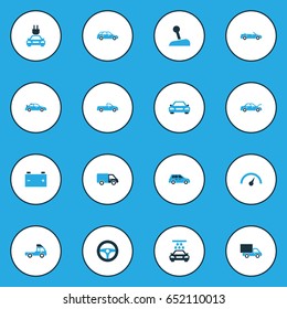 Auto Colorful Icons Set. Collection Of Steering Wheel, Auto Hood, Lorry And Other Elements. Also Includes Symbols Such As Accumulator, Wash, Lever.