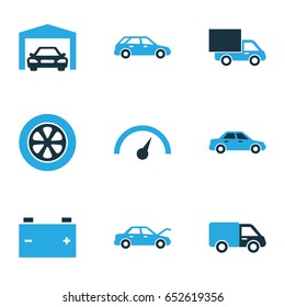 Auto Colorful Icons Set. Collection Of Speedometer, Tie, Garage And Other Elements. Also Includes Symbols Such As Hatchback, Speedometer, Hood.