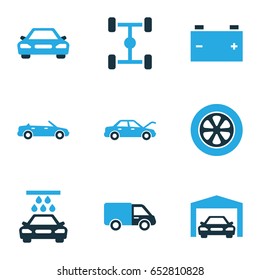 Auto Colorful Icons Set. Collection Of Tie, Lorry, Car And Other Elements. Also Includes Symbols Such As Wheelbase, Automobile, Cabriolet.