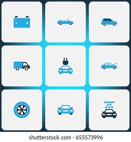 Auto Colorful Icons Set. Collection Of Cabriolet, Tie, Battery And Other Elements. Also Includes Symbols Such As Convertible, Lorry, Plug.