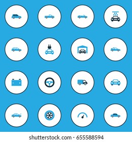 Auto Colorful Icons Set. Collection Of Auto Hood, Pickup, Lorry And Other Elements. Also Includes Symbols Such As Crossover, Speedometer, Wheel.