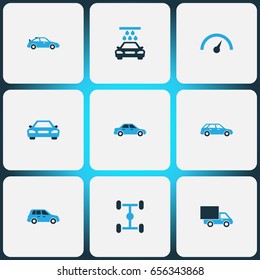 Auto Colorful Icons Set. Collection Of Speedometer, Van, Vehicle Wash And Other Elements. Also Includes Symbols Such As Speedometer, Sedan, Car.