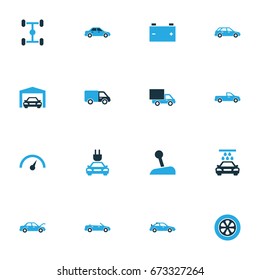 Auto Colorful Icons Set. Collection Of Van, Speedometer, Gear Lever And Other Elements. Also Includes Symbols Such As Battery, Automobile, Carriage.
