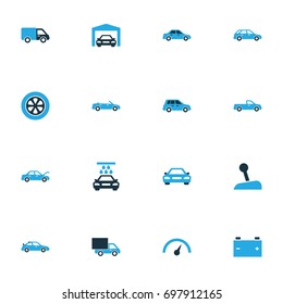 Auto Colorful Icons Set. Collection Of Gear Lever, Sports Automobile, Lorry And Other Elements. Also Includes Symbols Such As Van, Hood, Crossover.