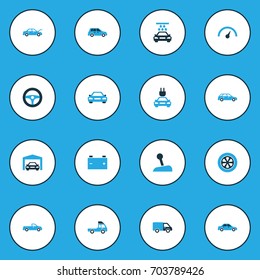 Auto Colorful Icons Set. Collection Of Station Wagon, Battery, Gear Lever And Other Elements. Also Includes Symbols Such As Accumulator, Plug, Wheel.