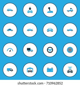 Auto Colorful Icons Set. Collection Of Garage, Van, Gear Lever And Other Elements. Also Includes Symbols Such As Tire, Speedometer, Stick.