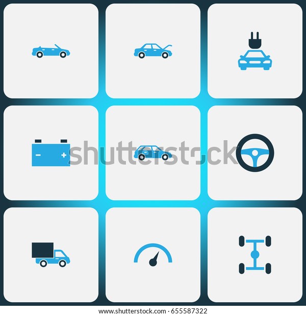 Auto Colorful Icons Set. Collection Of Van,\
Electric Car, Cabriolet And Other Elements. Also Includes Symbols\
Such As Truck, Electric,\
Wheel.