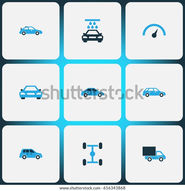 Auto Colorful Icons Set. Collection Of\
Speedometer, Van, Vehicle Wash And Other Elements. Also Includes\
Symbols Such As Speedometer, Sedan,\
Car.