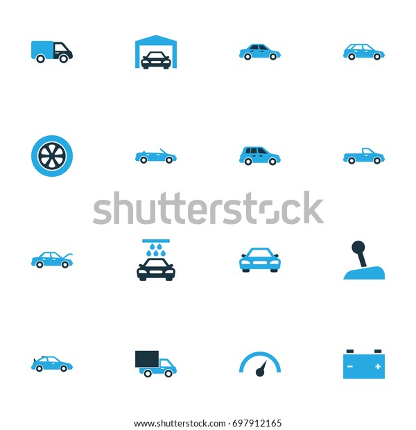 Auto Colorful Icons Set. Collection Of Gear\
Lever, Sports Automobile, Lorry And Other Elements. Also Includes\
Symbols Such As Van, Hood,\
Crossover.