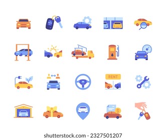 Auto colorful icons set. Simple stickers with fix and technical overview, dealership and vehicle rental. Simple badges with car and trip. Cartoon flat vector collection isolated on white background