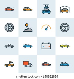 Auto Colorful Outline Icons Set. Collection Of Rudder, Pickup, Cabriolet And Other Elements. Also Includes Symbols Such As Bus, Automatic, Mover.