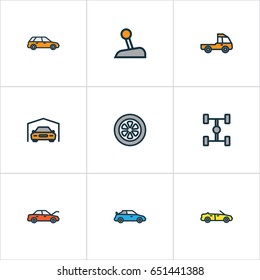 Auto Colorful Outline Icons Set. Collection Of Carcass, Sport, Pickup And Other Elements. Also Includes Symbols Such As Gear, Scheme, Drive.