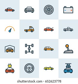 Auto Colorful Outline Icons Set. Collection Of Accumulator, Drive, Bonnet And Other Elements. Also Includes Symbols Such As Gear, Electric, Mover.