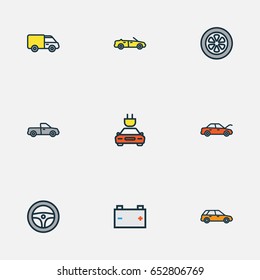 Auto Colorful Outline Icons Set. Collection Of Accumulator, Electric, Auto And Other Elements. Also Includes Symbols Such As Track, Auto, Suv.