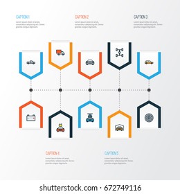 Auto Colorful Outline Icons Set. Collection Of Van, Washing, Shed And Other Elements. Also Includes Symbols Such As Wheel, Washing, Suv.