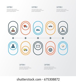 Auto Colorful Outline Icons Set. Collection Of Washing, Speed, Accumulator And Other Elements. Also Includes Symbols Such As Counter, Car, Steering.