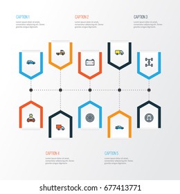 Auto Colorful Outline Icons Set. Collection Of Track, Carcass, Pickup And Other Elements. Also Includes Symbols Such As Auto, Track, Battery.