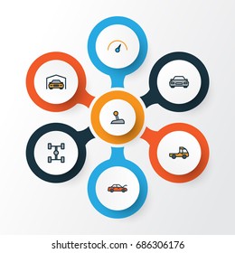 Auto Colorful Outline Icons Set. Collection Of Shed, Automobile, Level And Other Elements. Also Includes Symbols Such As Mover, Car, Wheelbase.