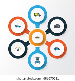 Auto Colorful Outline Icons Set. Collection Of Washing, Automobile, Machine And Other Elements. Also Includes Symbols Such As Bus, Sedan, Speed.