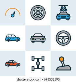 Auto Colorful Outline Icons Set. Collection Of Automobile, Washing, Drive And Other Elements. Also Includes Symbols Such As Scheme, Level, Speedometer.