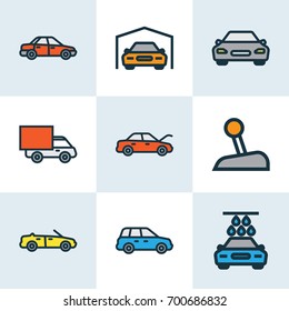 Auto Colorful Outline Icons Set. Collection Of Washing, Shed, Sport And Other Elements. Also Includes Symbols Such As Automobile, Level, Sedan.