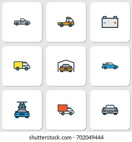 Auto Colorful Outline Icons Set. Collection Of Washing, Van, Automobile And Other Elements. Also Includes Symbols Such As Charge, Water, Truck.