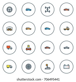 Auto Colorful Outline Icons Set. Collection Of Shed, Bonnet, Drive And Other Elements. Also Includes Symbols Such As Electric, Gear, Bonnet.