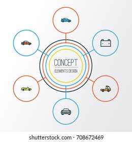 Auto Colorful Outline Icons Set. Collection Of Pickup, Sport, Cabriolet And Other Elements. Also Includes Symbols Such As Prime, Car, Sport.