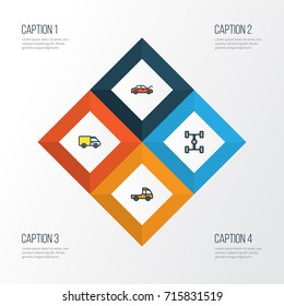 Auto Colorful Outline Icons Set. Collection Of Bonnet, Truck, Pickup And Other Elements. 