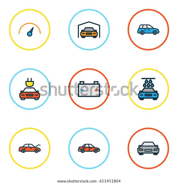 Auto Colorful Outline Icons\
Set. Collection Of Bonnet, Accumulator, Electric And Other\
Elements. Also Includes Symbols Such As Automobile, Bonnet,\
Speed.