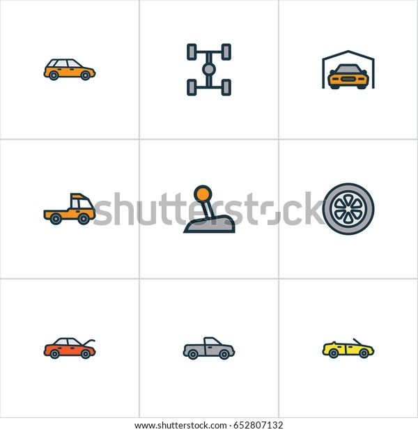 Auto Colorful Outline Icons Set. Collection Of\
Machine, Auto, And Other Elements. Also Includes Symbols Such As\
Automobile, Hood,\
Carcass.