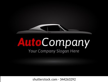 Auto Company Logo Design Concept with classic American style sports Car Silhouette on black background. Vector illustration.