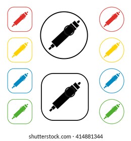 Auto connector signs set, on colored circles, isolated on white. A set of coloured 8 icon. Flat design illustration.12 V cigarette lighter automobiles connector sign icon.