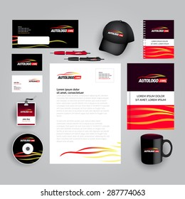 Auto corporate identity template. Car company template in black and red colors. Vector company style for brandbook and guideline. Auto service, car repair, car business company identity.