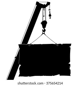 Auto crane lifts the poster. Vector illustration.